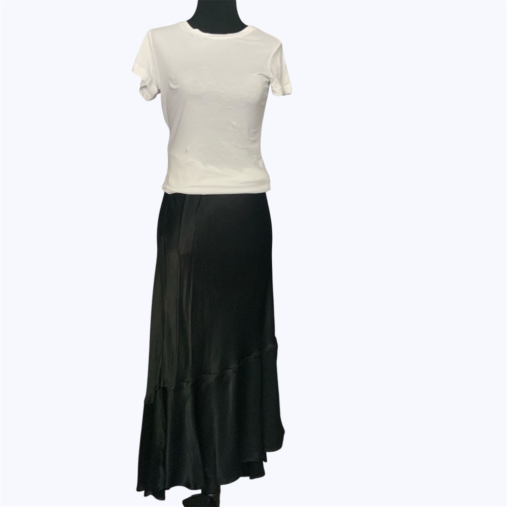 Anthropologie NWOT Asymmetrical Black Satin Flounce Ruffle Slip Midi Skirt SZ S - Picture 3 of 11
